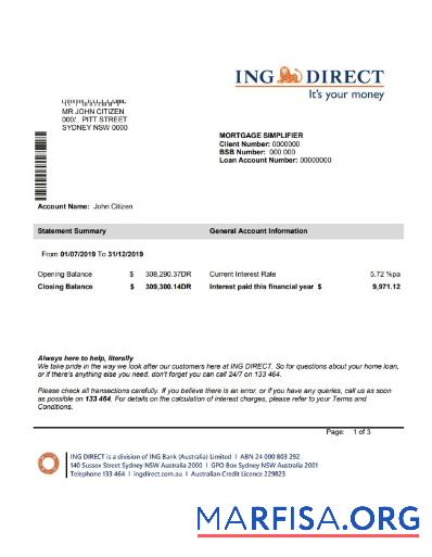 Downloadable Australia ING Direct bank statement word real example